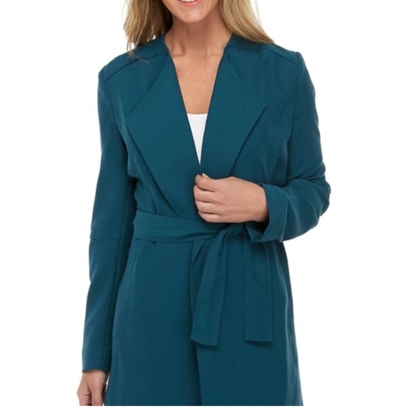 JOAN VASS Women's Crepe Belted Topper Trench Jacket Color Teal Size M - Picture 1 of 9